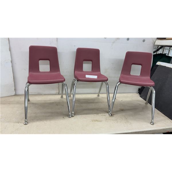 3 Children’s Burgundy Plastic Stack Chairs with Chrome Legs