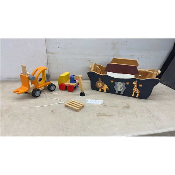 Wooden Toy Lot; Noah's Ark Storage Boat 9 × 20 × 10” Forklift, Crane Cart, and Pallet