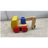 Image 6 : Wooden Toy Lot; Noah's Ark Storage Boat 9 × 20 × 10” Forklift, Crane Cart, and Pallet