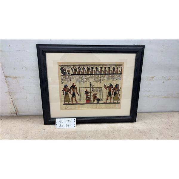 Framed Egyptian Hand-Painted Papyrus Artwork, "Weighing of the Heart" Ceremony, Signed