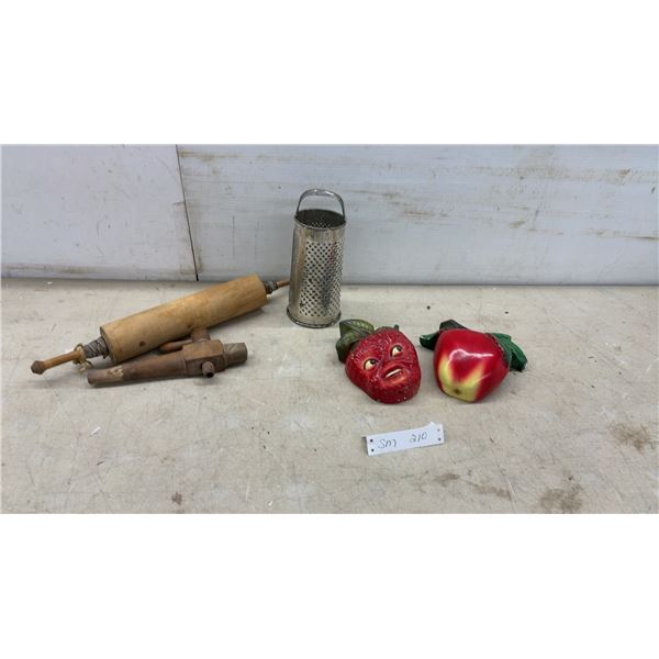 Vintage Devor Ware Hand-Painted Strawberry and Apple Chalk Ware, Grater, Rolling Pin