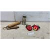 Image 1 : Vintage Devor Ware Hand-Painted Strawberry and Apple Chalk Ware, Grater, Rolling Pin