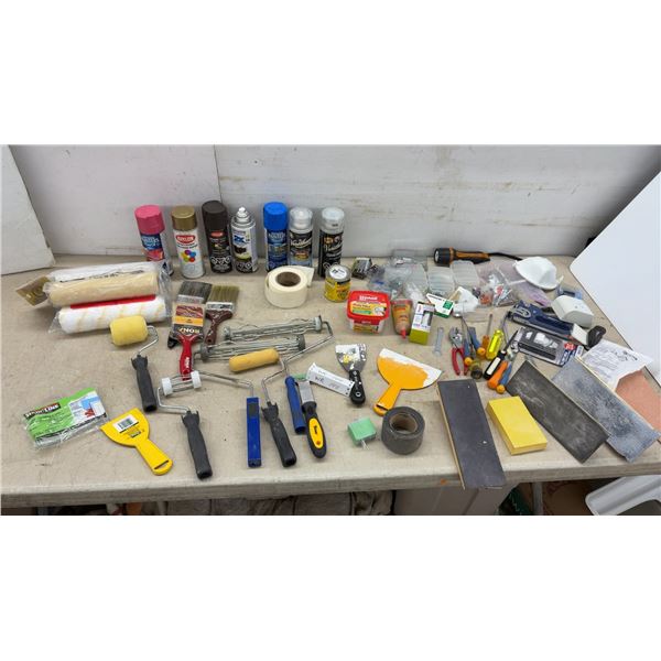 Painting Supplies, Spray Paint (25 -50% Full), Rollers, Brushes, Scrapers, Hand Tools, Tote