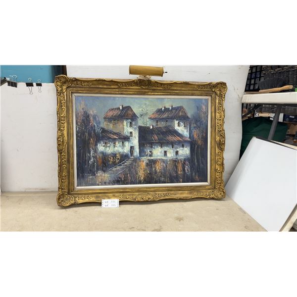 Euro Oil Painting on Canvas, European Village Scene, Signed, R.Morenno, Ornate Gilt Frame With