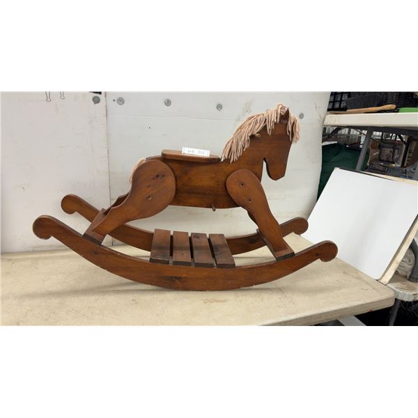 Handmade Wooden Rocking Horse with Yarn Mane and Slatted Base, 29 × 46 × 12”