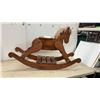 Image 1 : Handmade Wooden Rocking Horse with Yarn Mane and Slatted Base, 29 × 46 × 12”