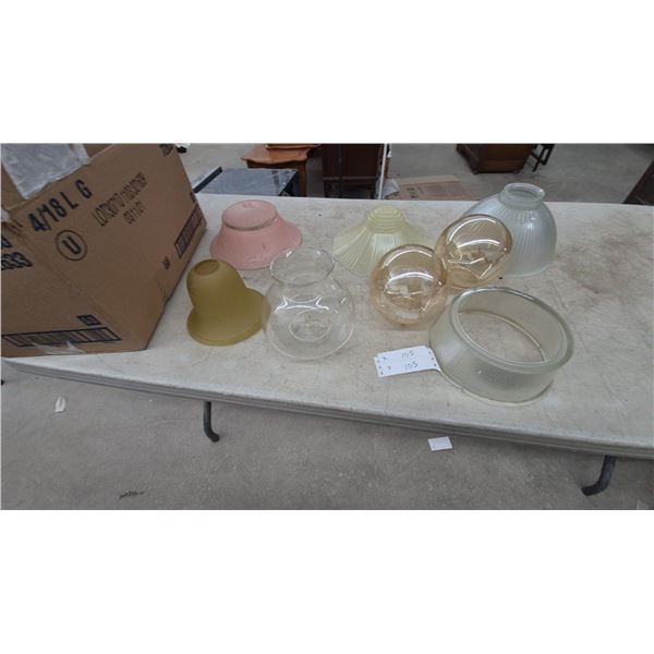 Assorted Glass Light Shades: Pink, Yellow, Clear Ribbed, and Amber Globes