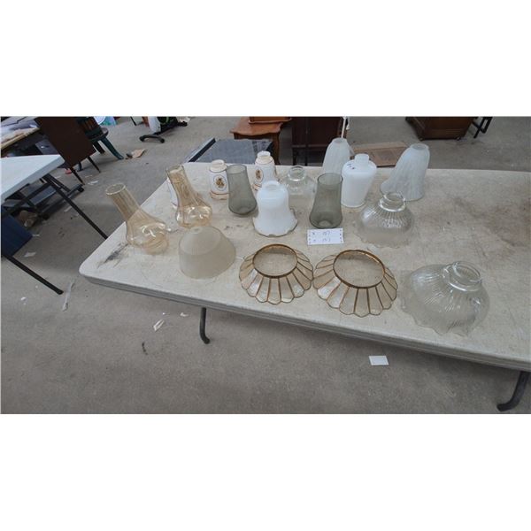 Assorted Glass and Metal Light Shades: Clear, Frosted, White, Amber, and Scalloped