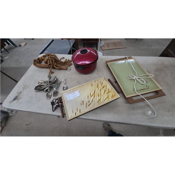 Two Electric Warming Trays, Assorted Silverware, and Macrame Plant Hanger
