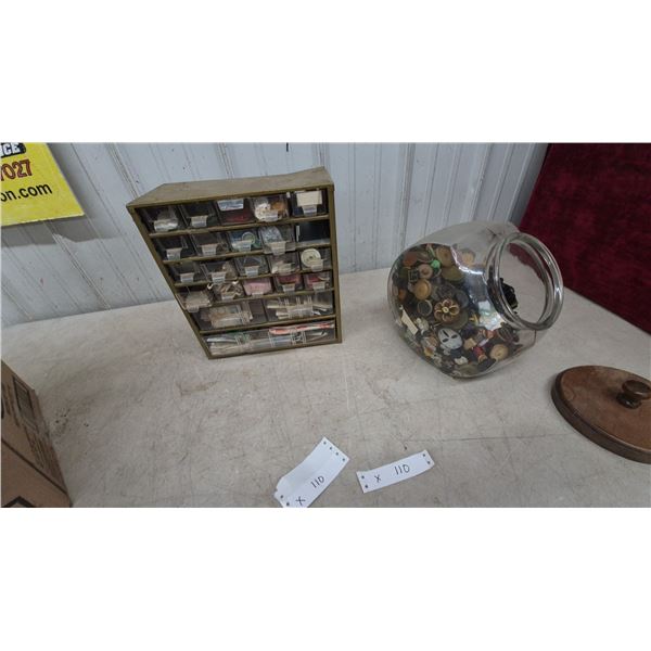 Vintage Button Collection: Multi-Drawer Organizer with Clear Bins and Large Glass Jar of Buttons