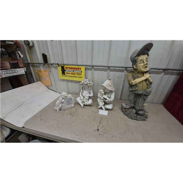 4 Assorted Garden Statues: Fisherman, Girl with Puppy, Girl with Kitten, and Angel. Biggest 33”