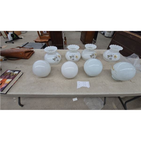 Assorted Lamp Shades and Globes: 4 Floral-Patterned Glass Lamp Shades, 4White Glass Globes