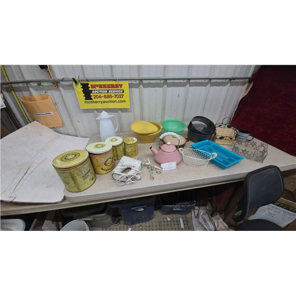 Kitchenware Lot: Pink Kettle, White Wire Basket, Blue Utensil Tray, Yellow Bowls