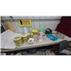 Image 1 : Kitchenware Lot: Pink Kettle, White Wire Basket, Blue Utensil Tray, Yellow Bowls