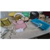Image 3 : Kitchenware Lot: Pink Kettle, White Wire Basket, Blue Utensil Tray, Yellow Bowls