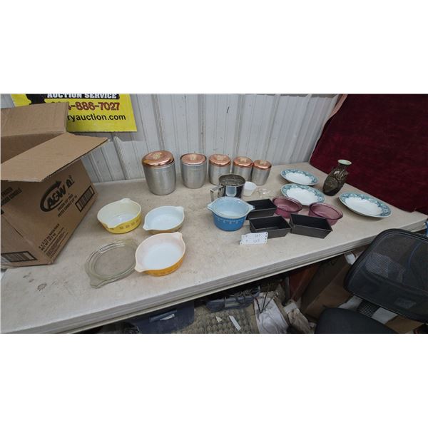 Vintage Copper Top Canister Set, Pyrex Bowls