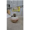 Image 2 : Three Oil Lamps: Clear Glass and Pink Base, Floral Painted White, and Silver Tone and White