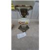 Image 5 : Three Oil Lamps: Clear Glass and Pink Base, Floral Painted White, and Silver Tone and White