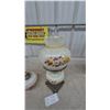 Image 6 : Three Oil Lamps: Clear Glass and Pink Base, Floral Painted White, and Silver Tone and White