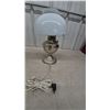 Image 7 : Three Oil Lamps: Clear Glass and Pink Base, Floral Painted White, and Silver Tone and White