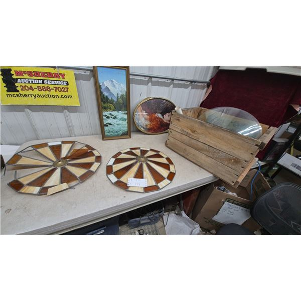 Stained Glass Lamp Shades, Mountain River Painting, Oval Portrait, and Wood Crate. Some damage