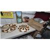 Image 1 : Stained Glass Lamp Shades, Mountain River Painting, Oval Portrait, and Wood Crate. Some damage