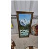 Image 5 : Stained Glass Lamp Shades, Mountain River Painting, Oval Portrait, and Wood Crate. Some damage