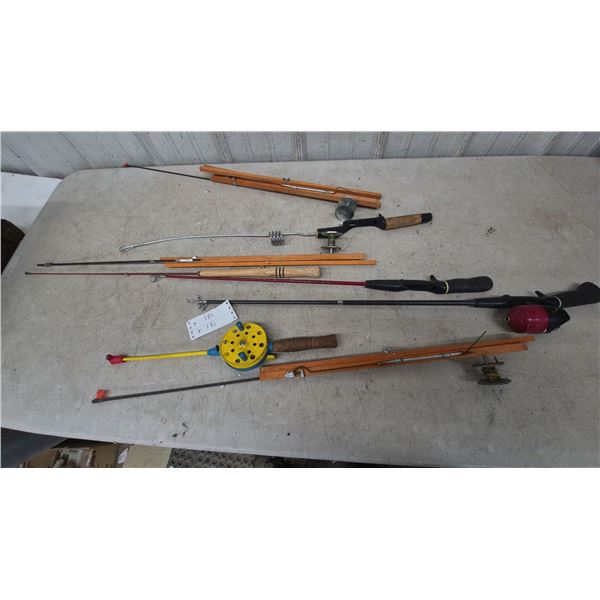 Assorted Ice Fishing Rods and Reels, Including Wooden Tip-Ups and Spool Reels