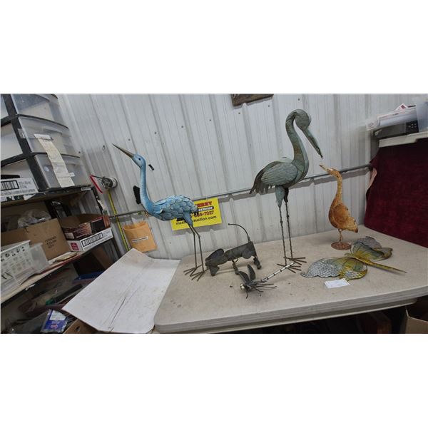Metal Garden Art: Blue Heron, Gray Heron, Grasshopper, Dragonfly, and Butterflies