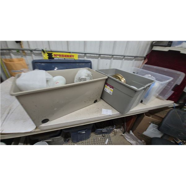 3 storage tubs with lids of lamp parts and shades