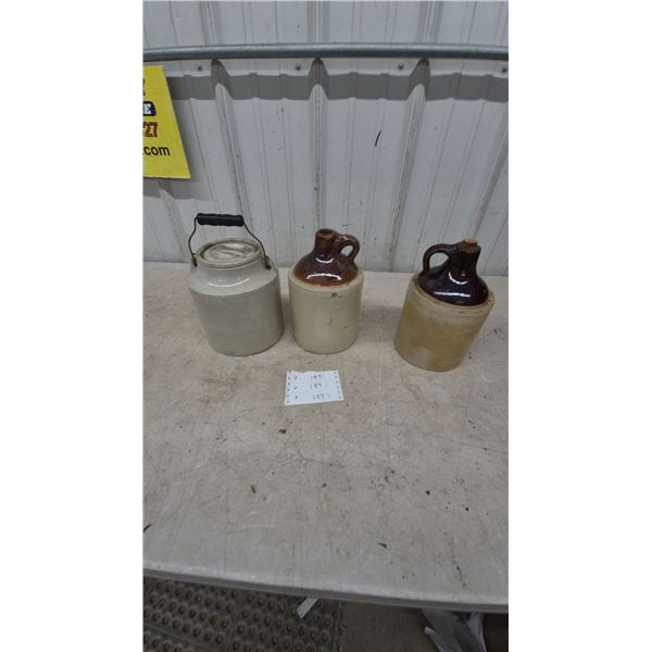 Three Stoneware Jugs: 1 with Wire and Wood Bail Handle, 2 Brown Glaze Tops, and 1 with Cork