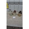 Image 1 : Three Stoneware Jugs: 1 with Wire and Wood Bail Handle, 2 Brown Glaze Tops, and 1 with Cork