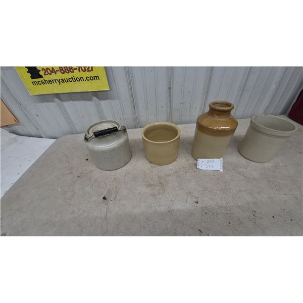Four Stoneware Crocks and Jug: Lidded Crock with Wire Bail and Wood Handle, Small Crock, Jug