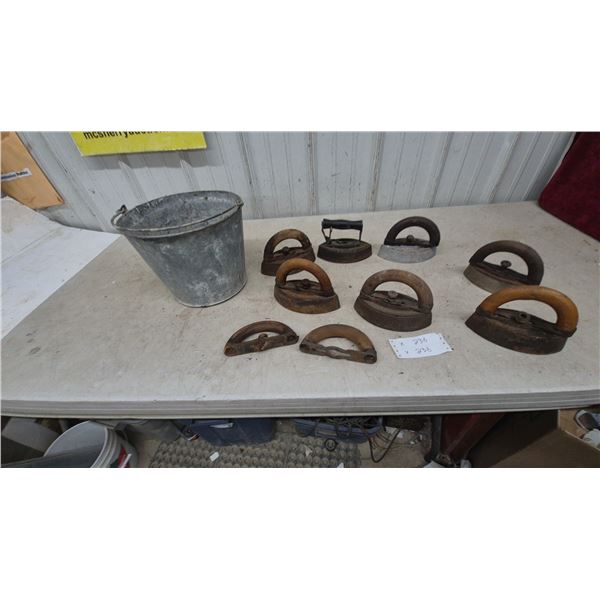 Collection of Antique Sad Irons and Galvanized Bucket