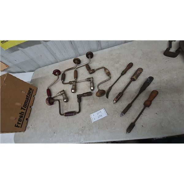 Assorted Braces and Bits, Incl. 5 Hand Braces and 4 Soldering Irons