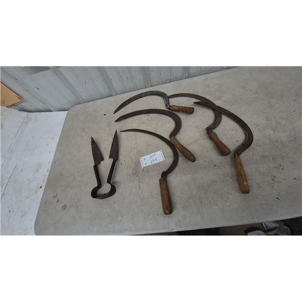 Lot of 5. Hand Sickles and 1 Pair of Shears