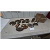 Image 1 : Collection of Antique Sad Irons, Trivets, and Equality Prune crate