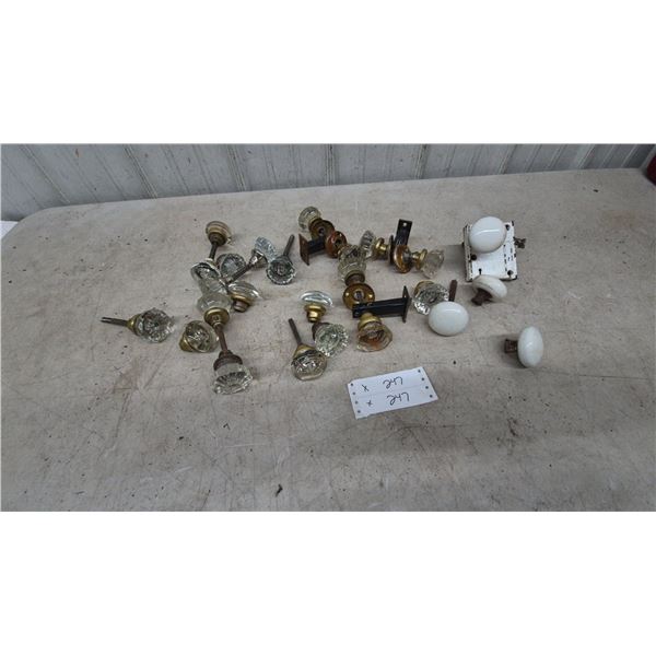 Assorted Glass and Ceramic Door Knobs, Spindles, and Backplates