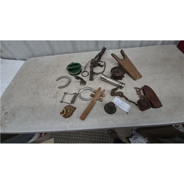 Assorted Vintage Farm and Household Items: Boot Jack, Traps, Horseshoes, Bells