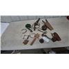 Image 1 : Assorted Vintage Farm and Household Items: Boot Jack, Traps, Horseshoes, Bells