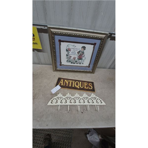 Framed Cross Stitch Art, "Antiques" Sign, and Decorative Wall Hook Rack
