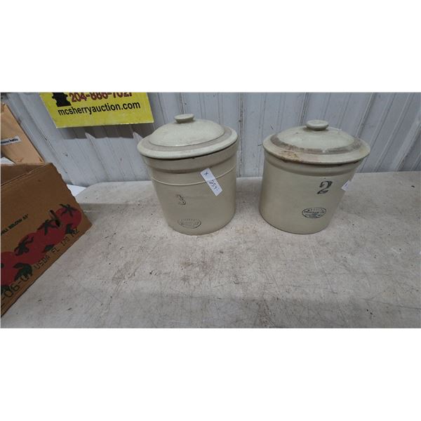 Two Medalta Stoneware Co. Crocks with Lids: 3 Gallon and 2 Gallon