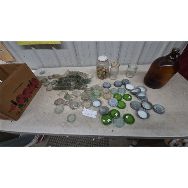 Assorted Glass Jar Lids, Glass Jars, and Metal Lids, colored glass and clear. Porcelain under