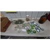 Image 1 : Assorted Glass Jar Lids, Glass Jars, and Metal Lids, colored glass and clear. Porcelain under