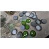 Image 7 : Assorted Glass Jar Lids, Glass Jars, and Metal Lids, colored glass and clear. Porcelain under