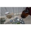 Image 8 : Assorted Glass Jar Lids, Glass Jars, and Metal Lids, colored glass and clear. Porcelain under