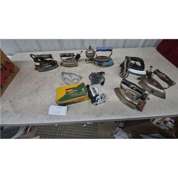 Collection of Vintage Irons: Travel Irons, Electric Irons, and Gas Irons