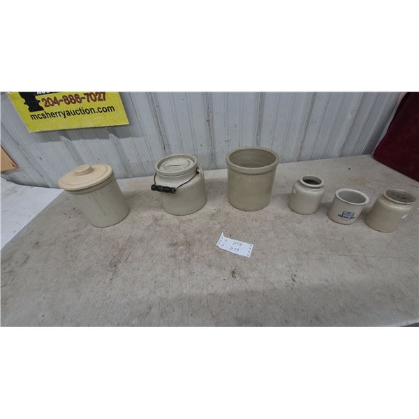 Assorted Stoneware Crocks and Jars: 2 Lidded Crocks, 1 Open Crock, 2 Small Jars