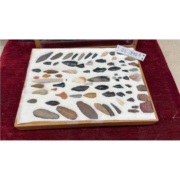 Collection of Prehistoric Artifacts, Arrowheads, Stone Tools, Points and Flakes in Wooden Display