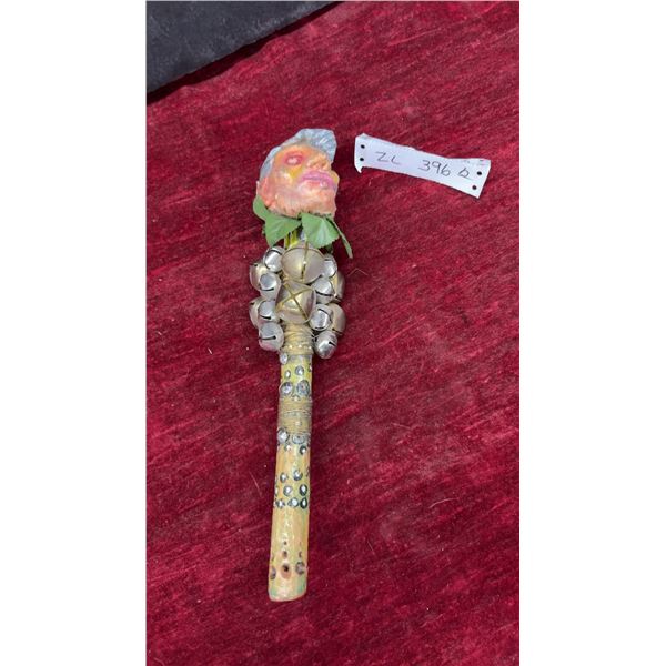 Handcrafted Folk Art Ceremonial Rattle Staff with Shrunken Head, Jingle Bells and Leaves, 13”